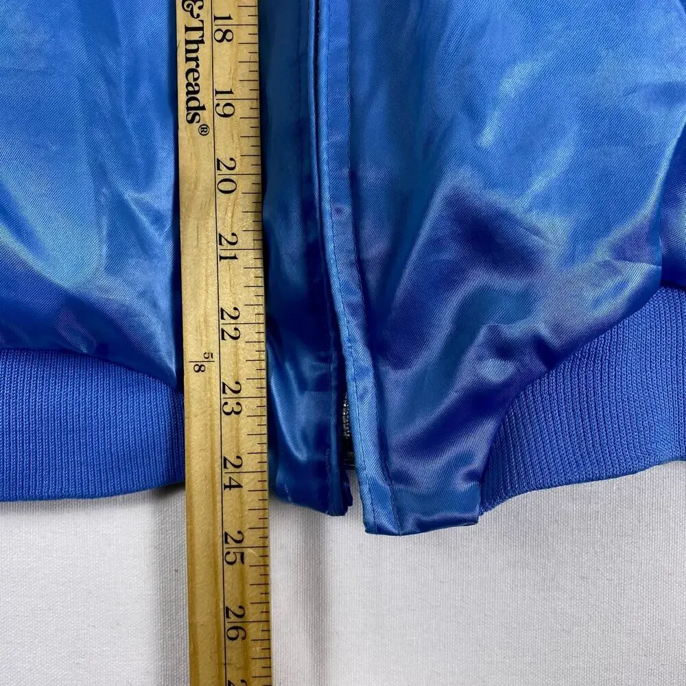 Margarita Ville Satin Bomber Jacket Mens M Blue Parrot Palm Bar Souvenir Vintage